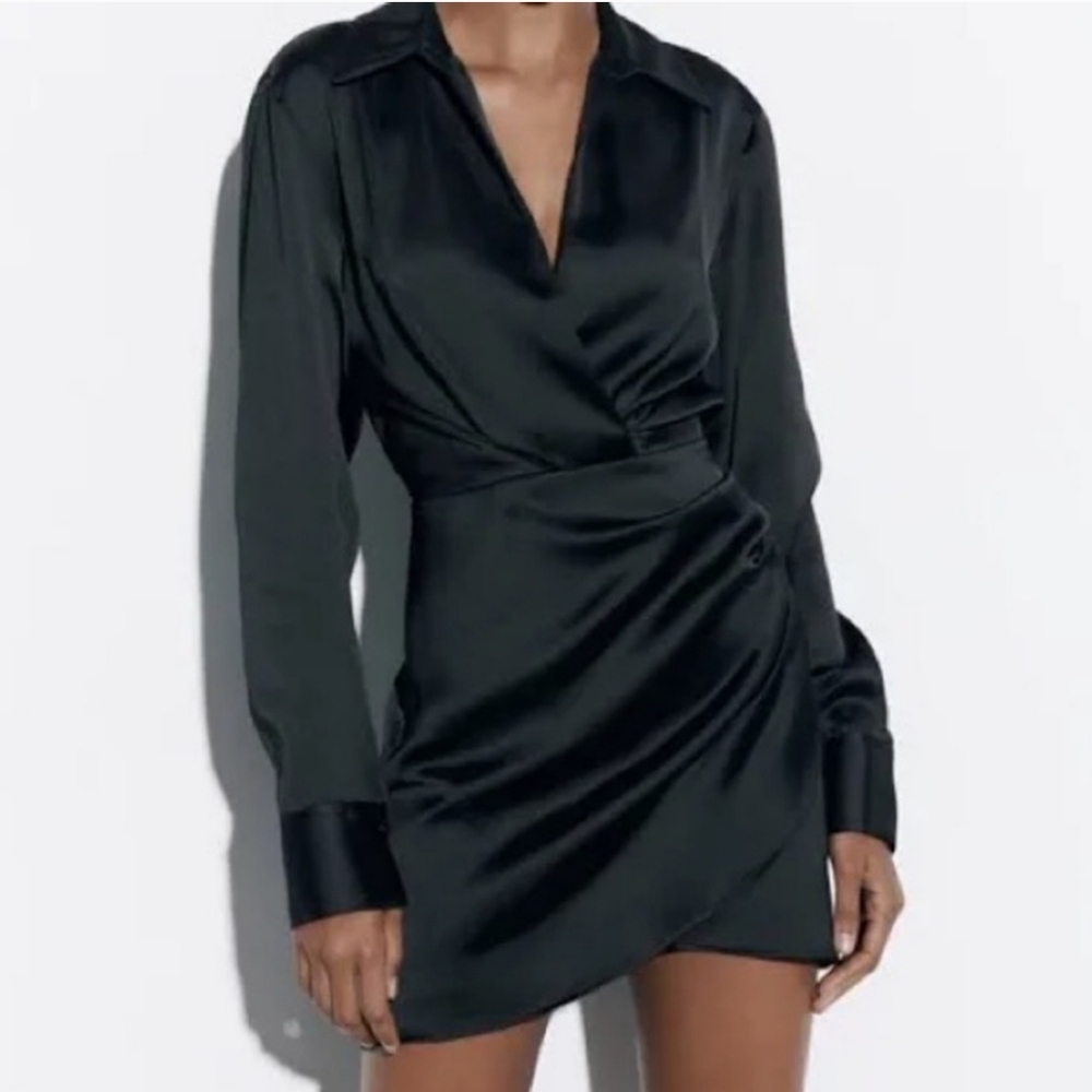 ZARA SATIN LAPEL COLLAR LONG SLEEVE DRESS BLACK XS NEW